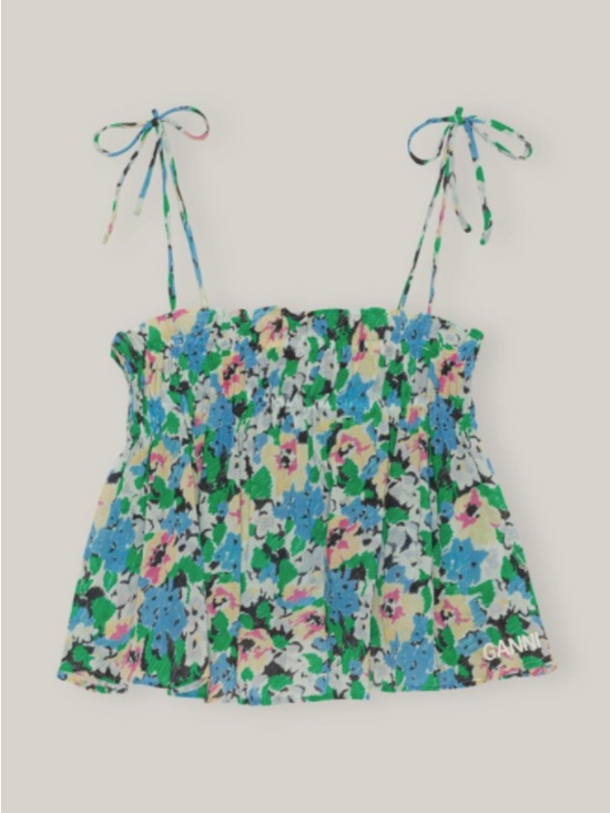 Ganni Tops - GANNI Light organic Cotton Floral Azure Blue Smocked Tie Strap Crop camisole top